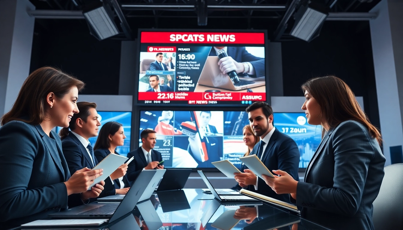 Reporters discussing latest news stories in a dynamic newsroom environment.