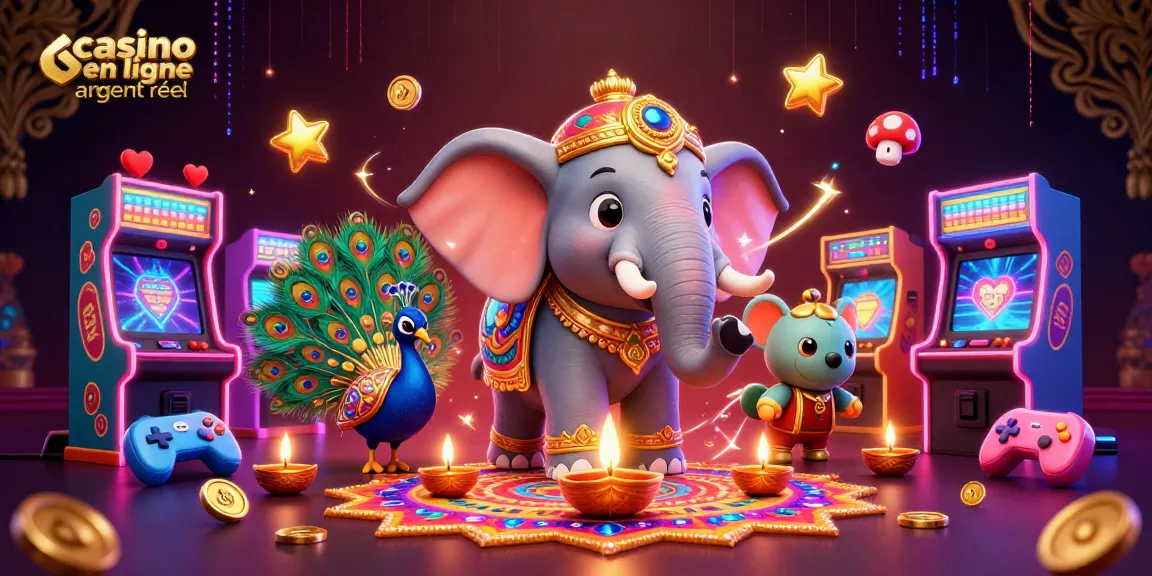 Gagnez au casino en ligne argent réel avec un éléphant diwali et des machines à sous colorées.