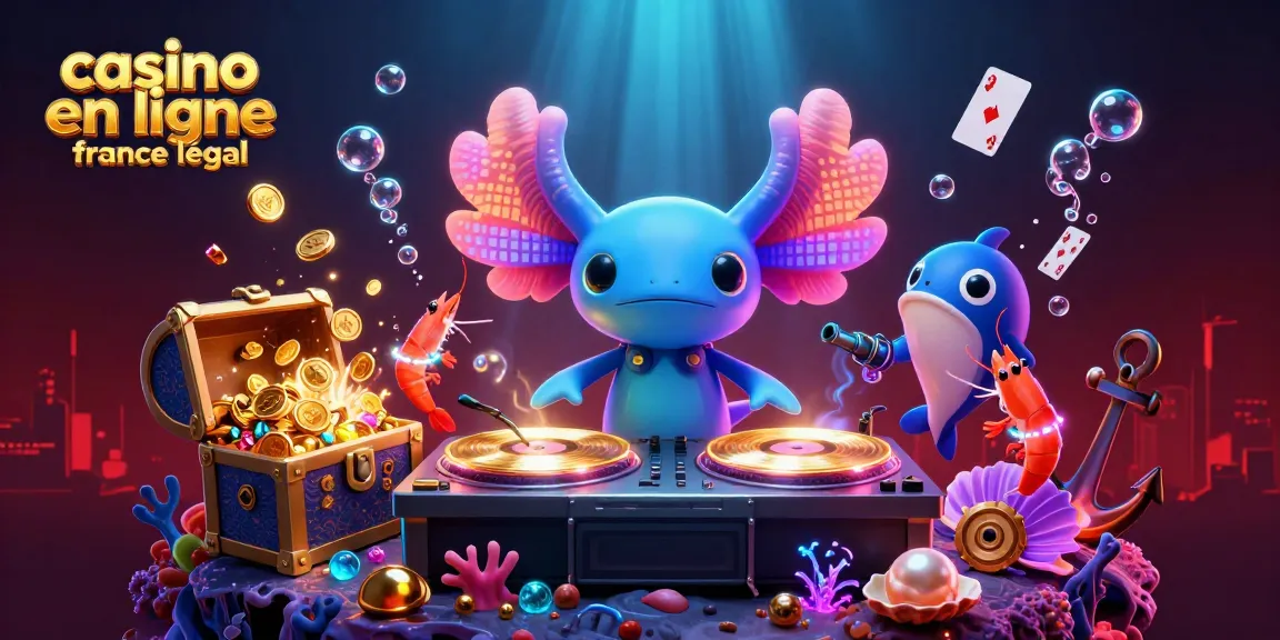 Casino en ligne France légal : Illustration animée d'une scène de casino avec un DJ axolotl sous-marin et des éléments de jeu