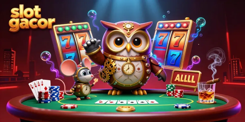 Engage with vibrant slot gacor elements in a dynamic 3D gambling scene featuring characters and casino elements.