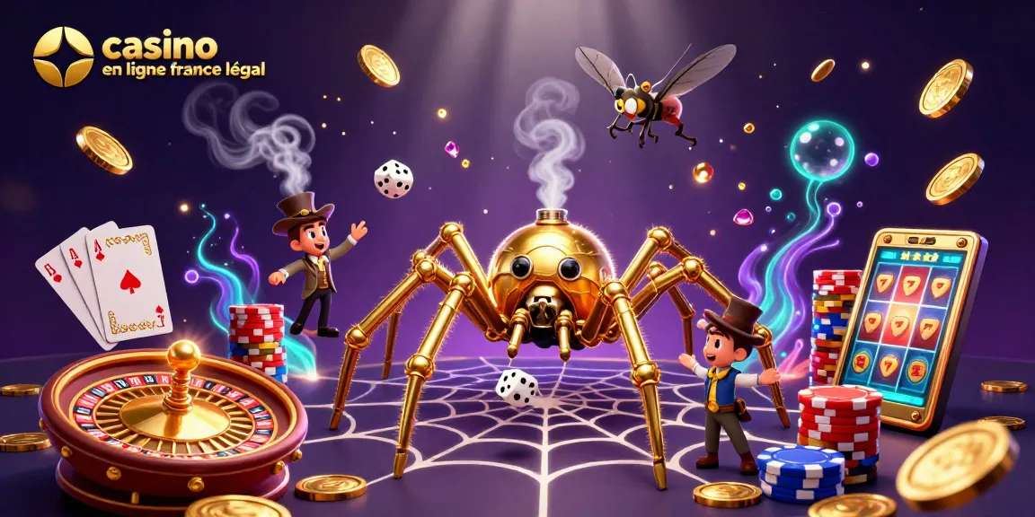 Illustration dynamique illustrant des éléments de casino, incluant "casino en ligne france légal", avec une araignée steampunk et des jetons de poker.