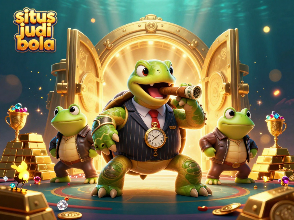 Experience the excitement of situs judi bola with a vibrant casino scene featuring a snapping turtle and bullfrog enforcers.