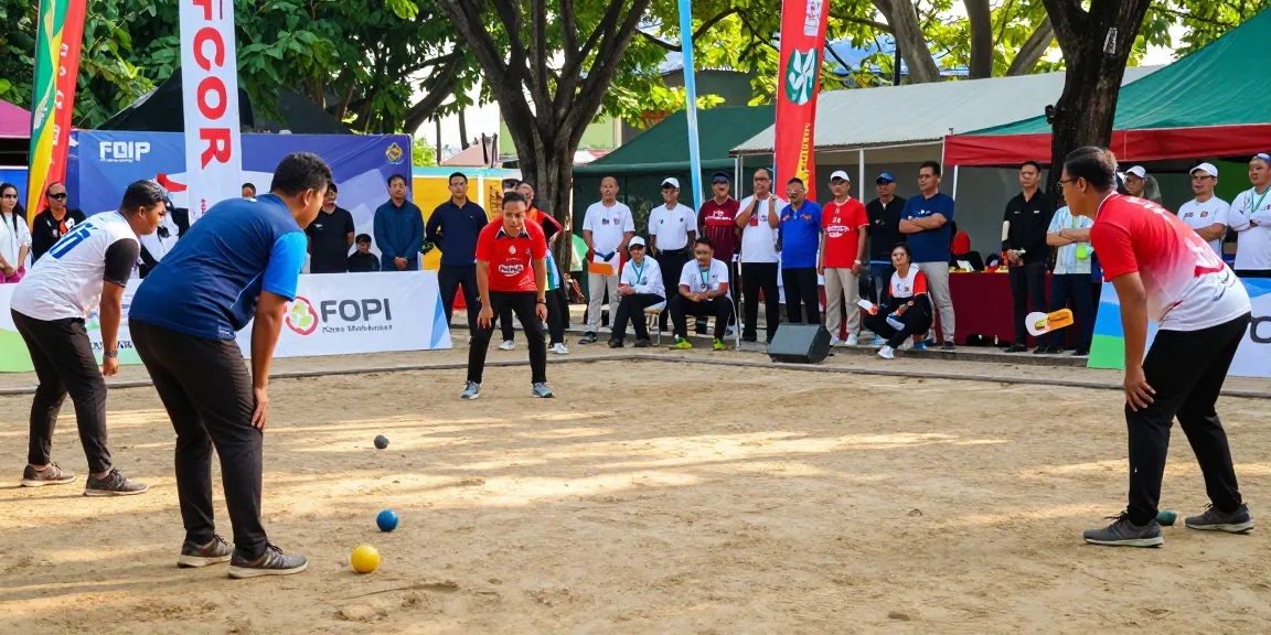 Permainan petanque di fopikotamakassar.org, dengan pemain dan penonton yang meriah.