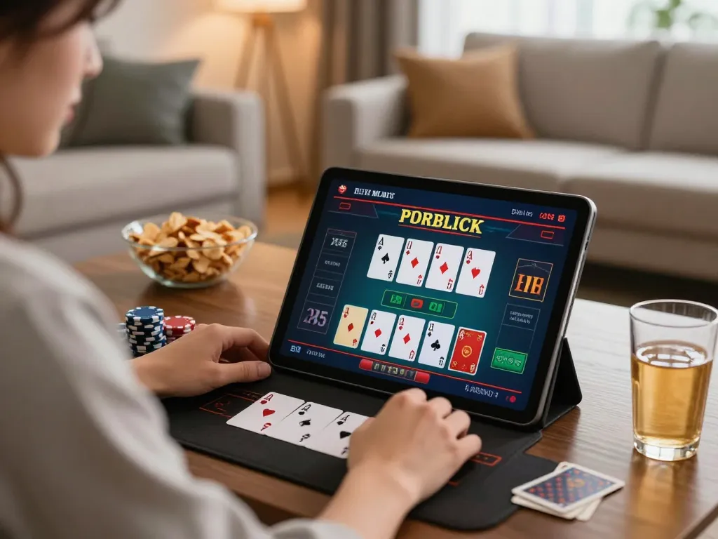 Experience live dealer blackjack at 58win on a tablet in a cozy home setting.