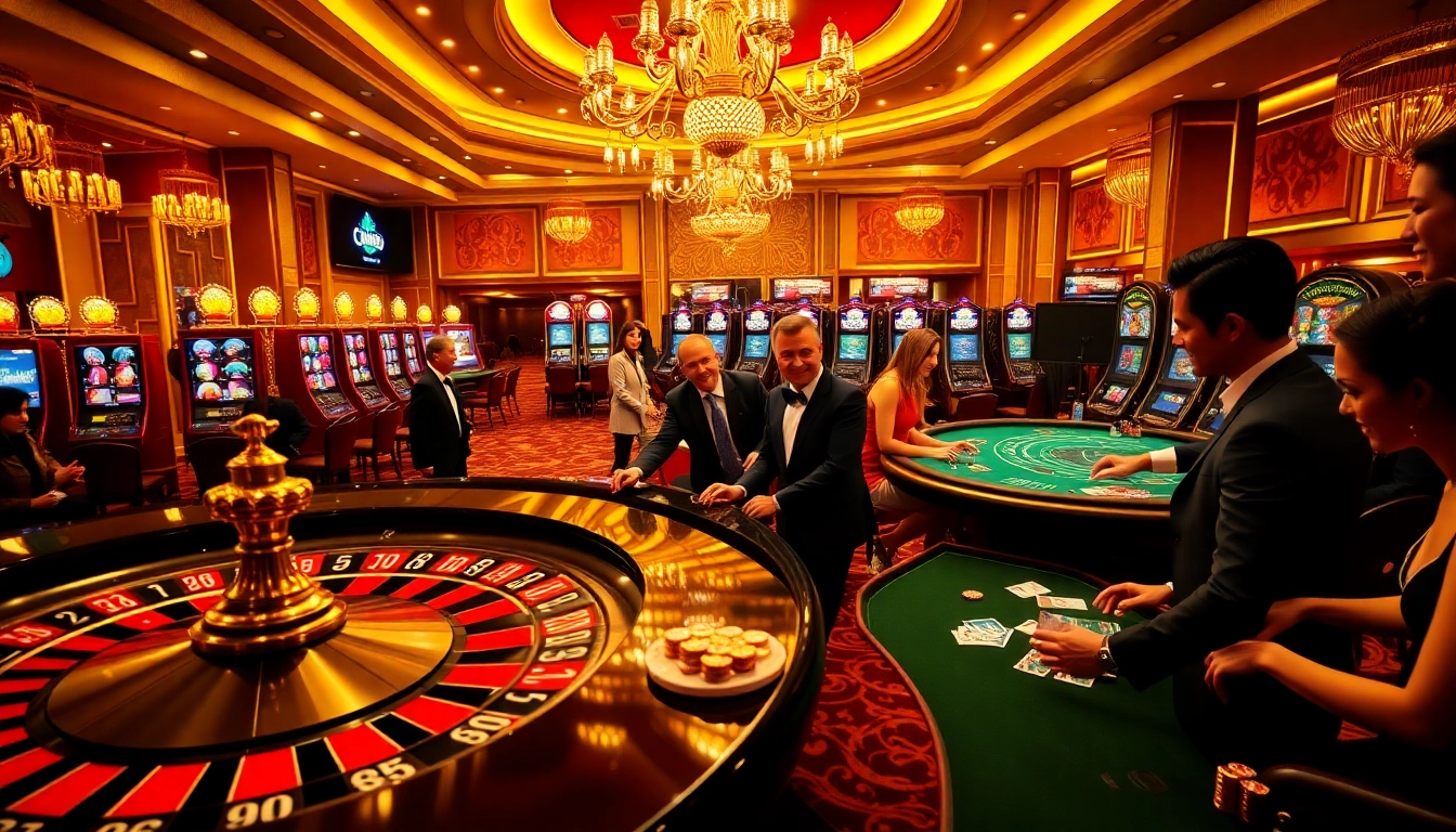Vivez l'excitation du casino en ligne français autour de tables de poker vibrantes sous un éclairage doré.
