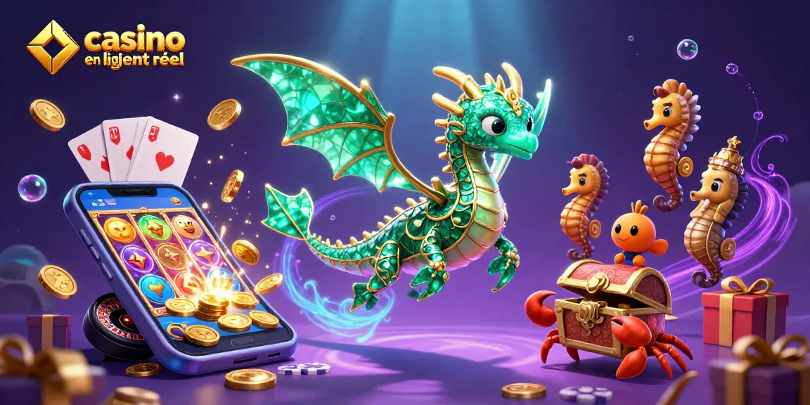 Explorez un dragon de mer en 3D au casino en ligne argent réel, entouré de jeux et de trésors.