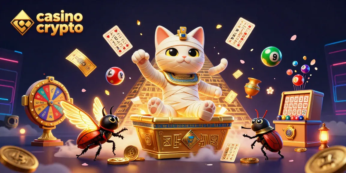 Illustration dynamique montrant un chat momie égyptien et des éléments de casino crypto, avec des billets et des pièces.