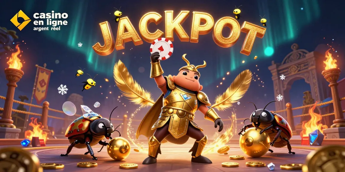 Jouez sur casino en ligne argent réel avec un scarabée héros célébrant un jackpot en 3D.