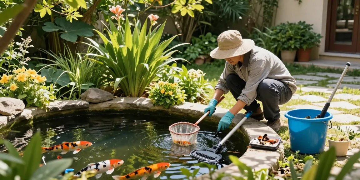 Pond Cleaning Kent: Gardener maintaining a serene garden pond with koi fish and aquatic plants.