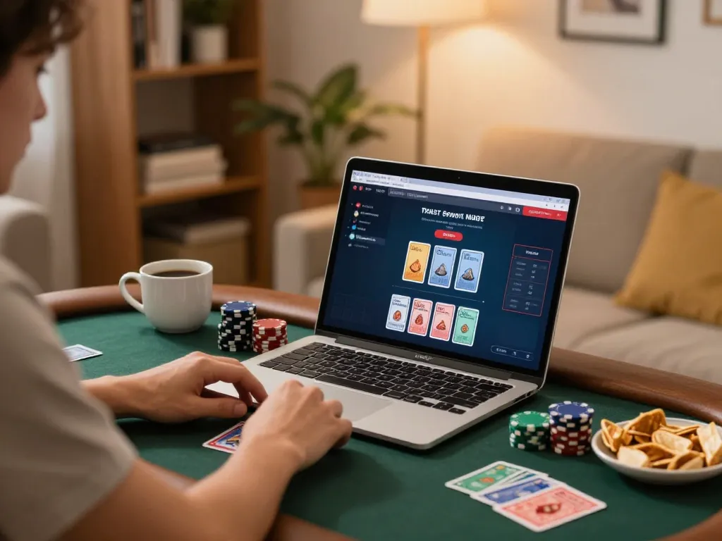 Player engaging in poker gameplay using hitclubapk on laptop at home, showcasing strategic gaming atmosphere.