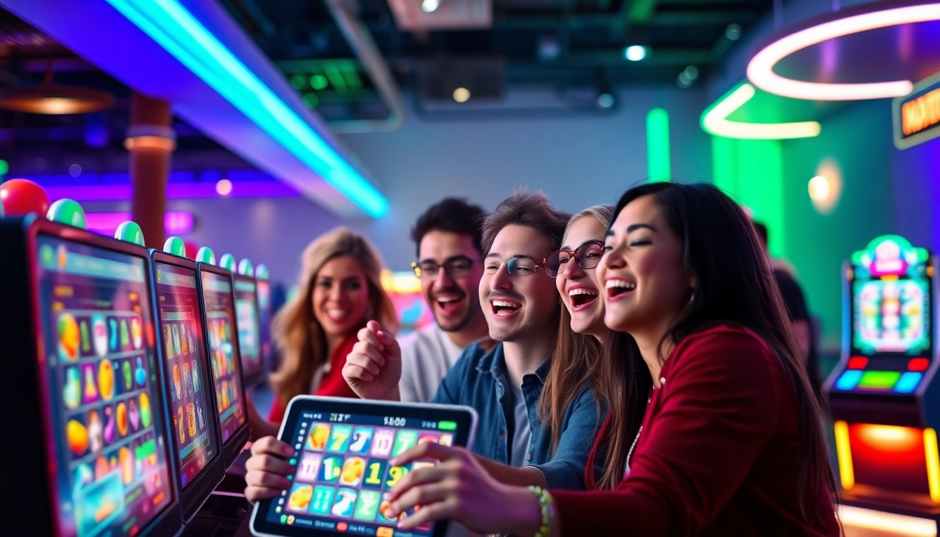 Players enjoying Kode4d slot games on various devices in a vibrant online gaming environment.