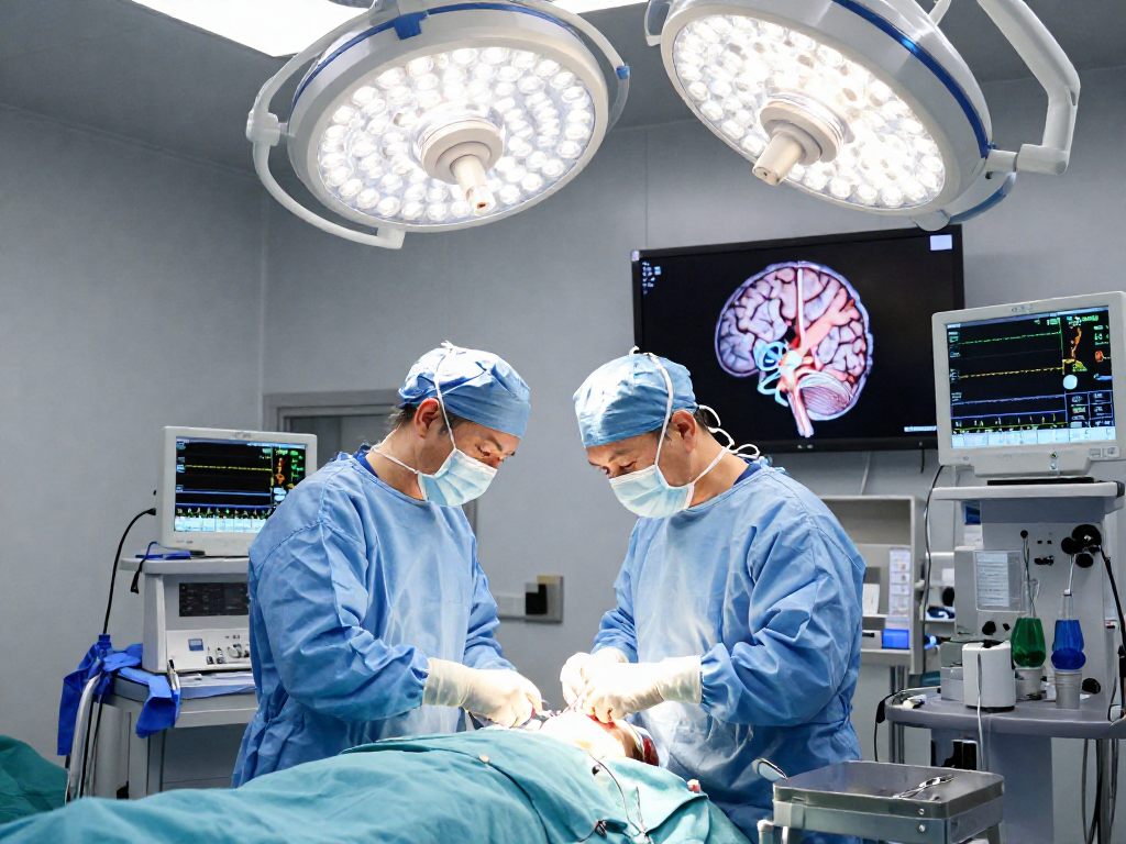 Detailed scene of a beyin tümörü ameliyatı showing a neurosurgeon operating with advanced technology and a focused surgical team.