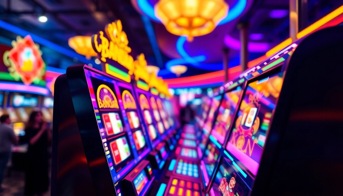 Menangkan permainan bandar slot menarik dengan mesin slot berwarna-warni dan suasana kasino yang energetik.