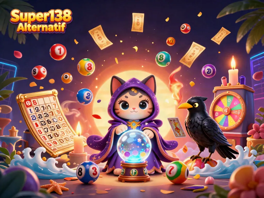 Engage with Super138 Alternatif through an enchanting scene featuring a mystic cat and thrilling lottery elements.