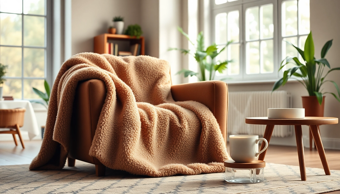 Fleece deken over een stoel in een warme woonkamer.
