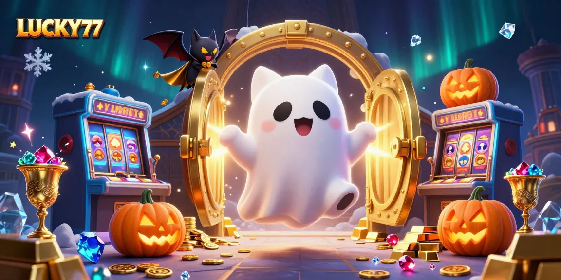 Join the thrill at LUCKY77 casino with a ghost cat and vampire bat amidst glowing treasures.