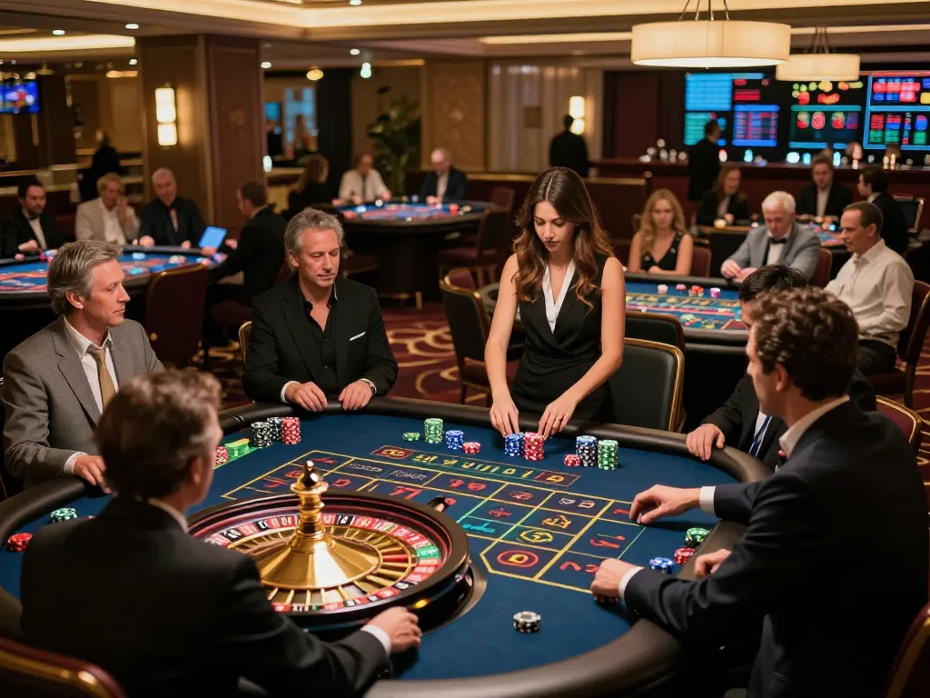 FLY88 players placing bets at an exciting roulette table in a vibrant casino atmosphere