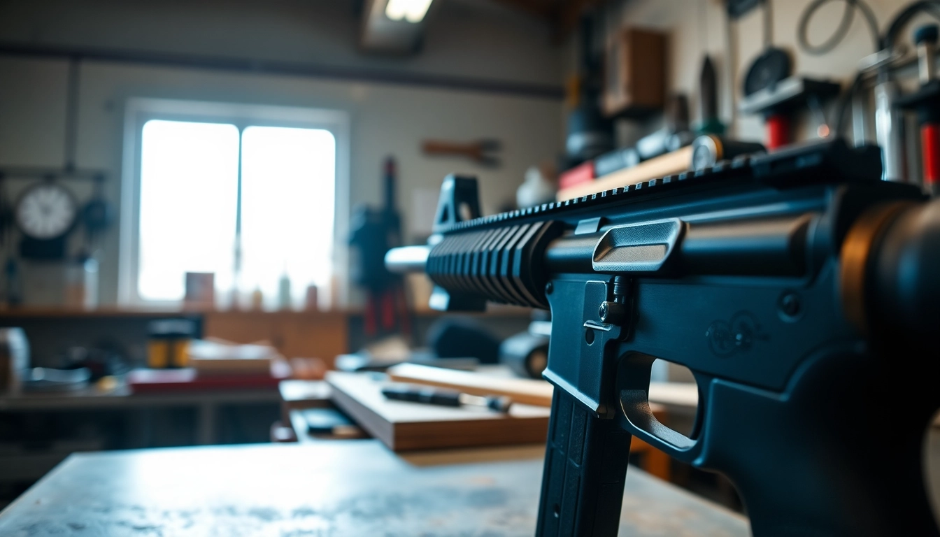 Showcase of a wot trigger ar15 highlighting its design and features in a workshop.