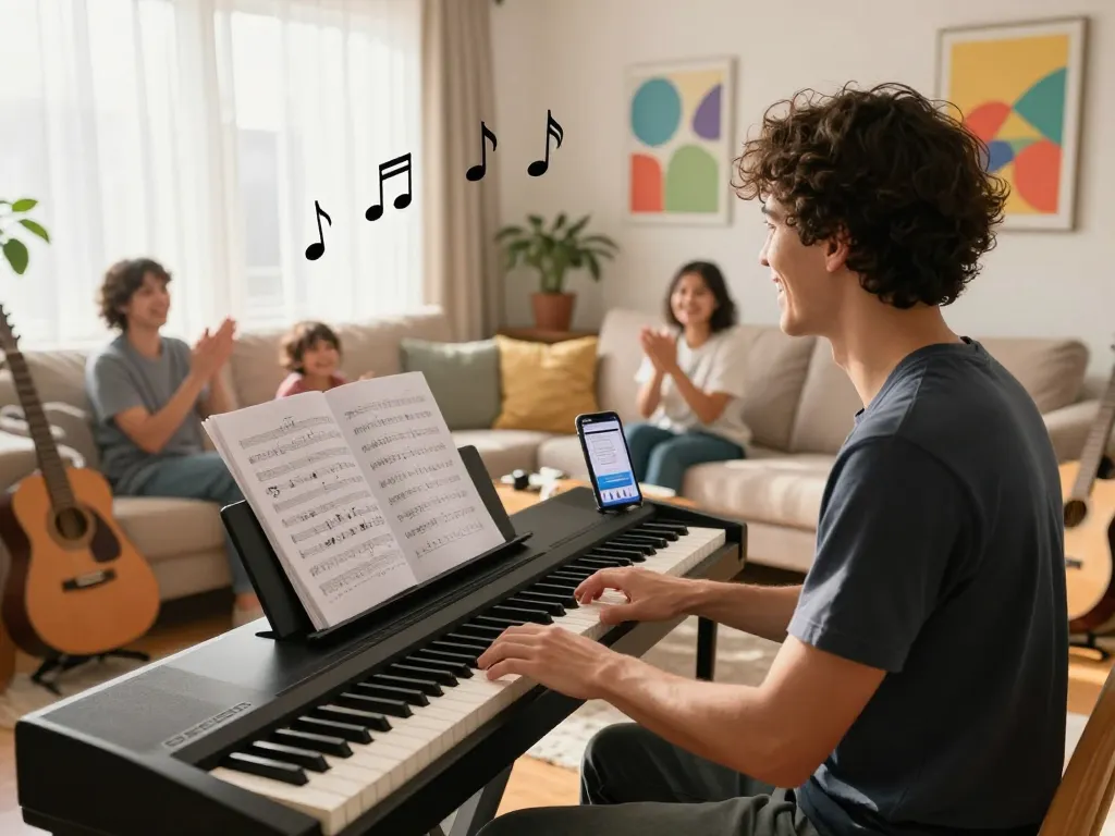 Person playing the go 88 digital piano in a bright living room, creating a joyful atmosphere.