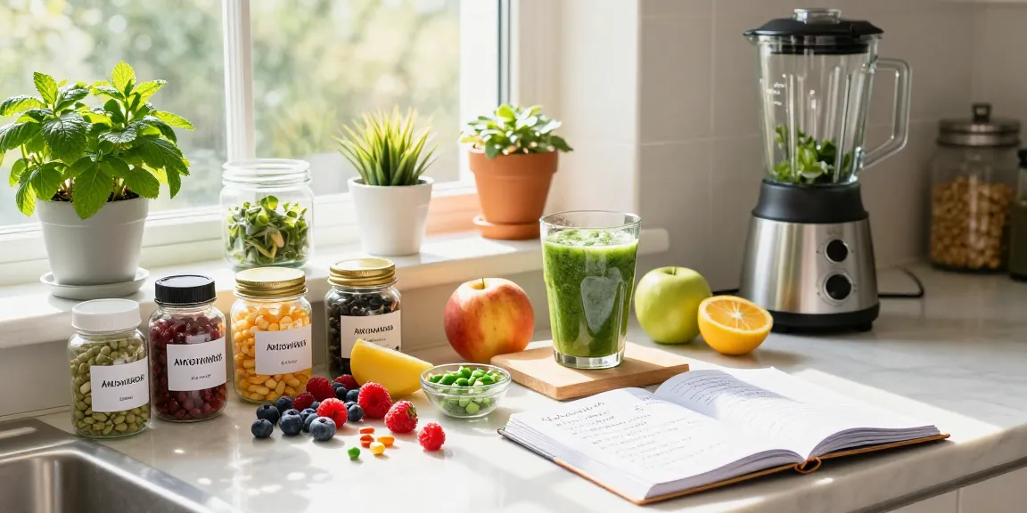 Antioxidant supplement Canada displayed with fresh fruits in a wellness kitchen setting, promoting healthy living and nutrition.