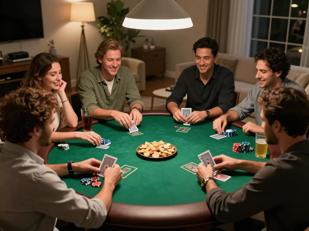 C168 players placing bets in a lively home poker game, showcasing vibrant social interactions and strategic gameplay.