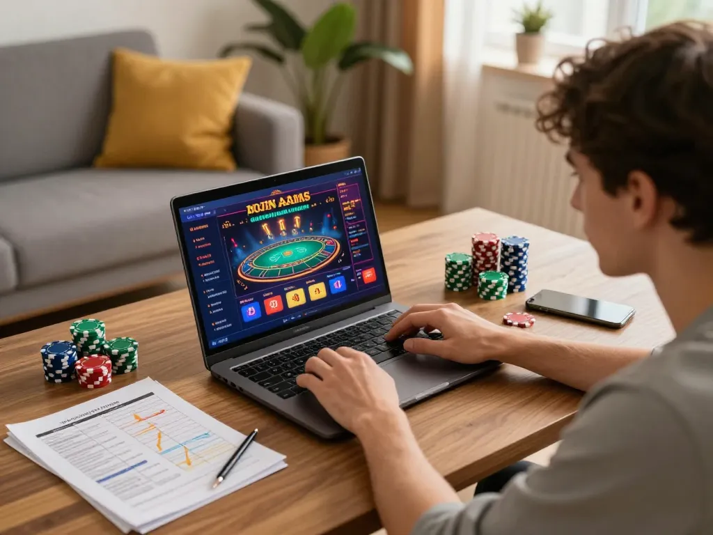 Engaged player enjoying a casino italiani non aams game on laptop, colorful casino interface visible.