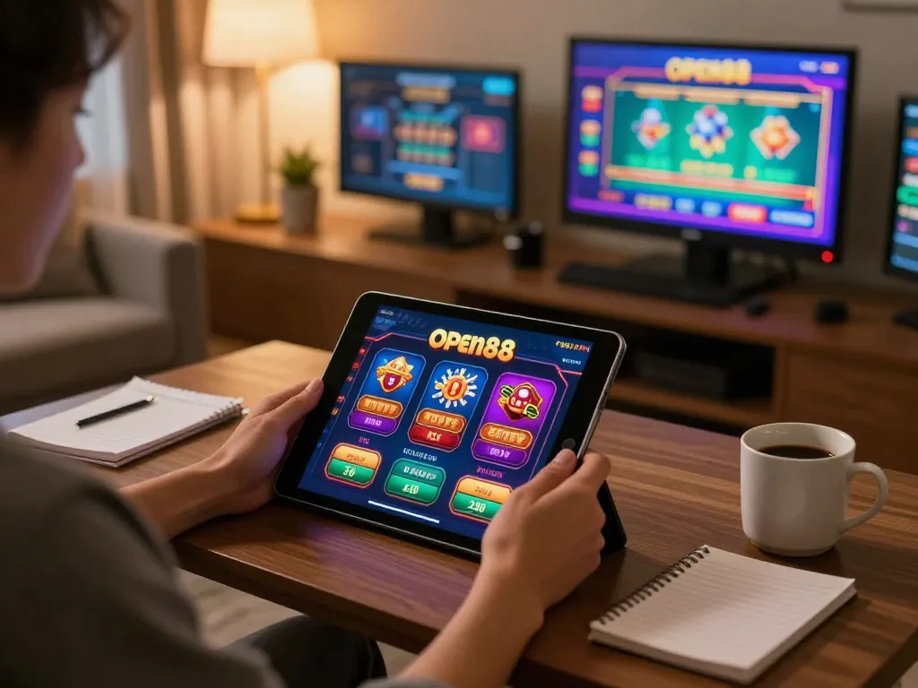 Engaged user playing on open88 casino tablet, cozy atmosphere, modern living room, strategy notes