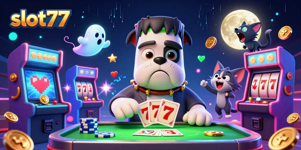 Spin the reels of slot77 in a vibrant 3D scene featuring unique cartoon characters and casino elements.