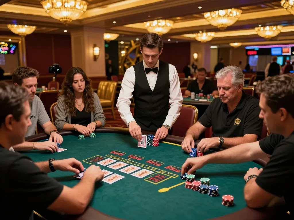 Players in the FAFA 828 casino experience intense blackjack gameplay with chips and cards.