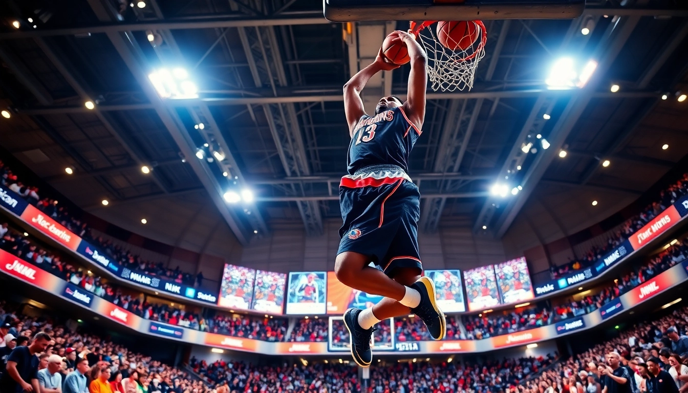 Dee Brown executing a signature dunk in a festive basketball court setting.