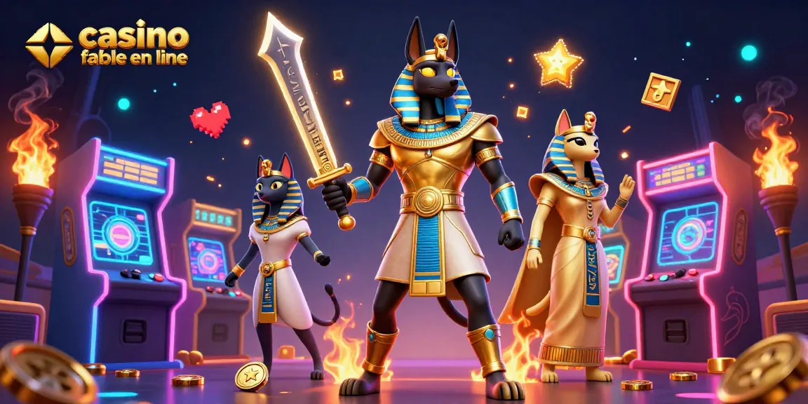 Visitez un casino fiable en ligne pour jouer avec Anubis et Bastet, entourés de machines colorées.