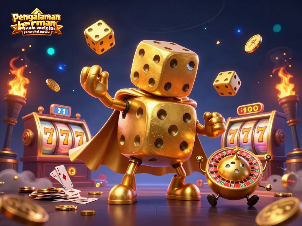 Pengalaman bermain melalui perangkat mobile dengan karakter golem dadu emas dan elemen slot menarik di kasino virtual.