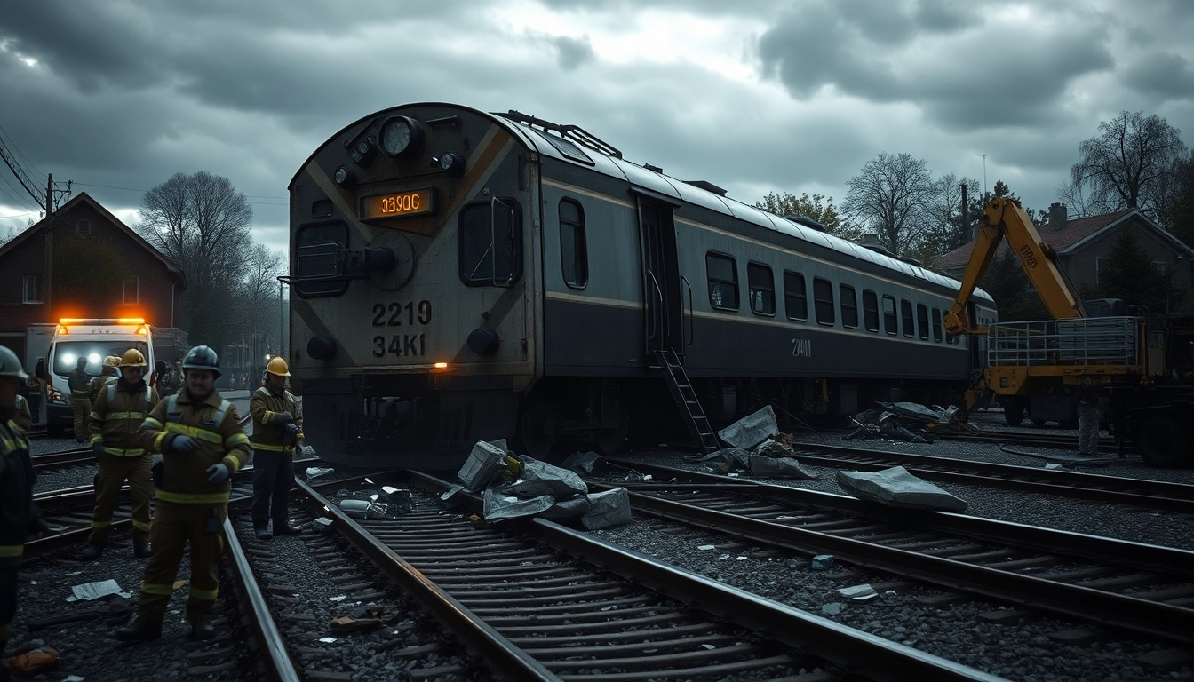 Examine the aftermath of a spain train crash with first responders and scattered debris.
