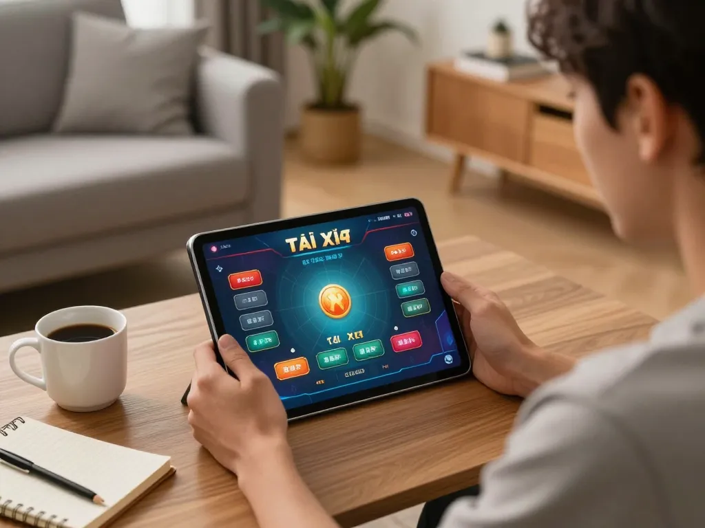 Engaging in app tài xỉu online uy tín on a tablet, showcasing a cozy gaming setup and responsible strategies.