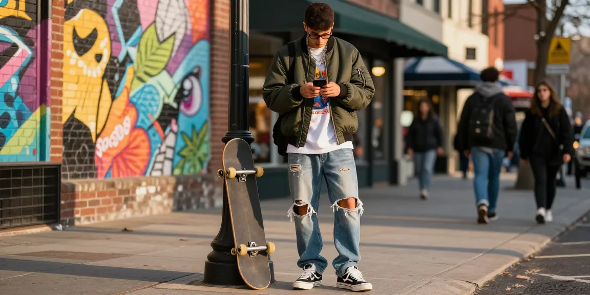 Young adult browsing https://shs-dome5.com/ in trendy streetwear against urban backdrop.