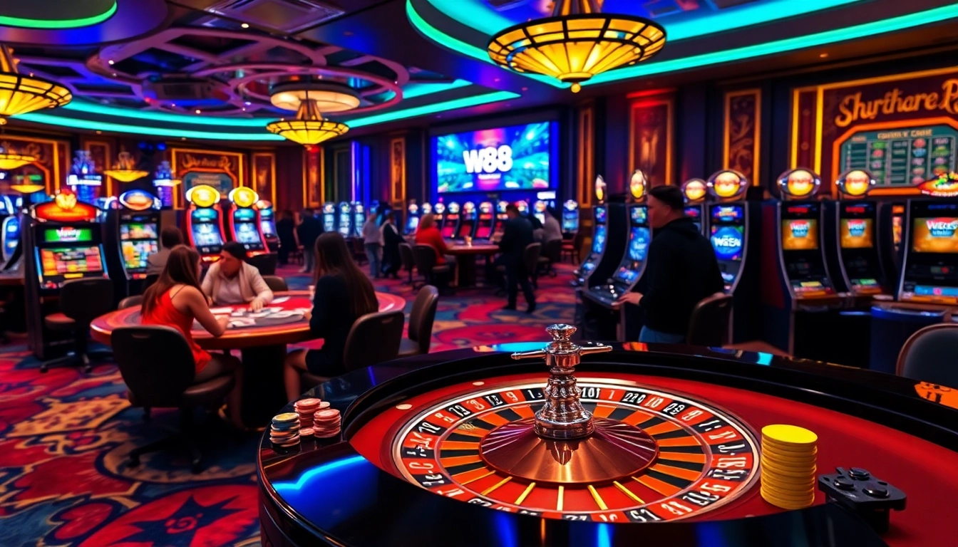 Experience the thrill of gaming with the W88 link at a luxury casino featuring roulette and slots.