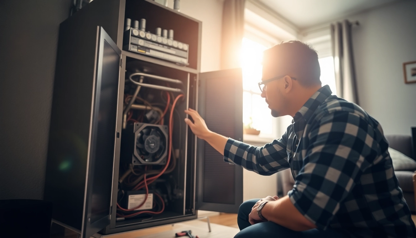 Expert technician performing furnace repair near me in a well-lit home environment.