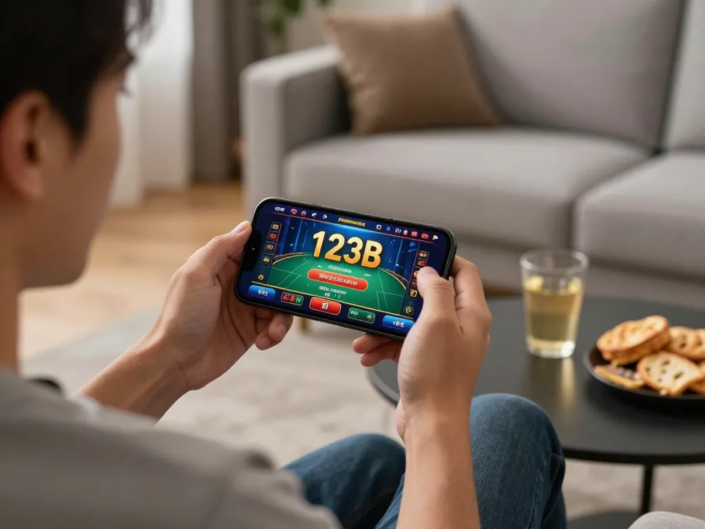 Engaging user playing on 123B casino app on smartphone, showcasing modern gaming lifestyle.