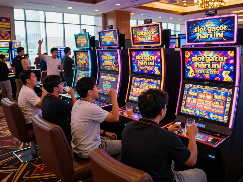 Players celebrating wins at slot gacor hari ini machines in a lively casino atmosphere.