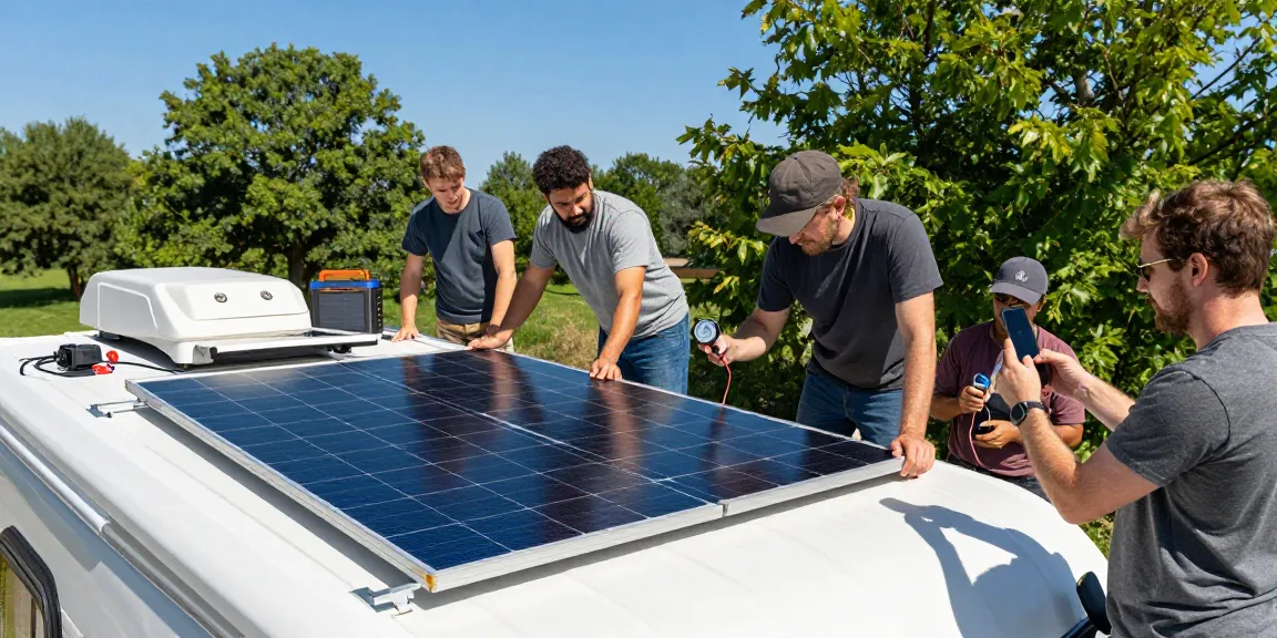 Group installing a Flexible Solar Panel on RV roof, showcasing innovative solar technology outdoors