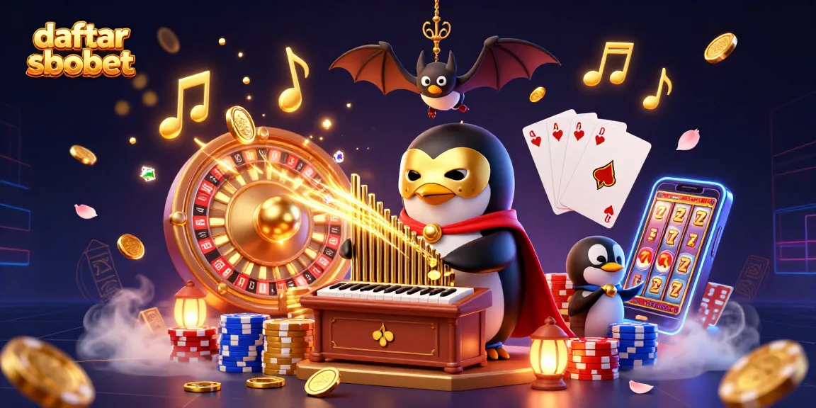 Engage in thrilling gameplay with daftar sbobet, featuring dazzling scenes of golden coins, a penguin playing an organ, and vibrant gaming elements.