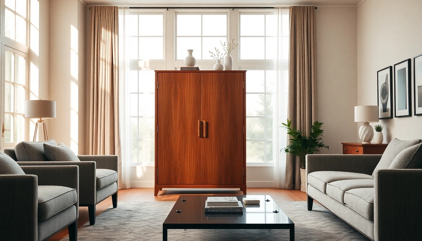 Stylish storage cabinet displayed in a chic living room with natural lighting.
