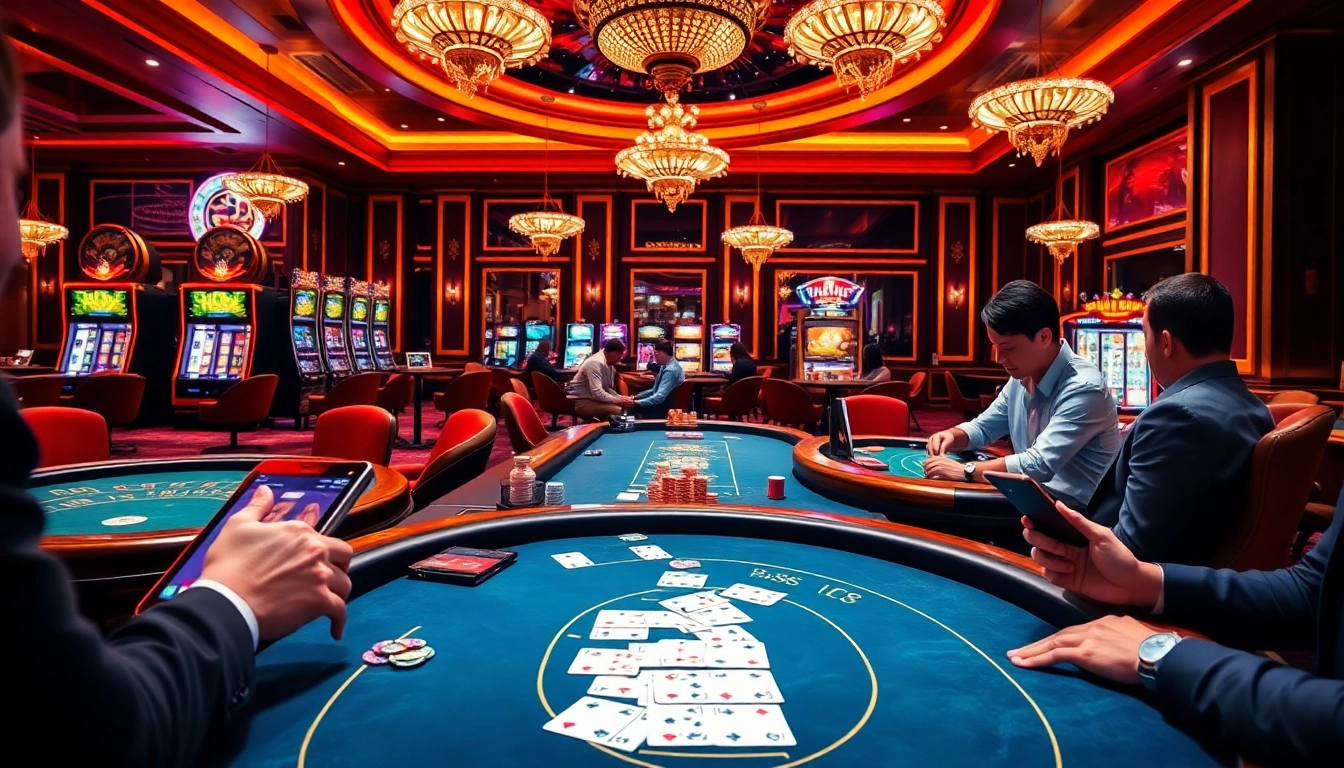 Cette scène palpitante capture des joueurs dans un casino en ligne français, avec des tables vibrantes et un gameplay engageant.