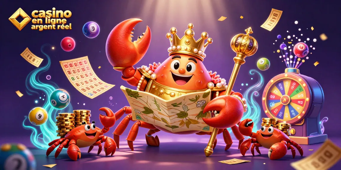 Casino en ligne argent réel avec un crabe doré géant entouré de boules de loterie colorées et d'effets lumineux sous-marins.
