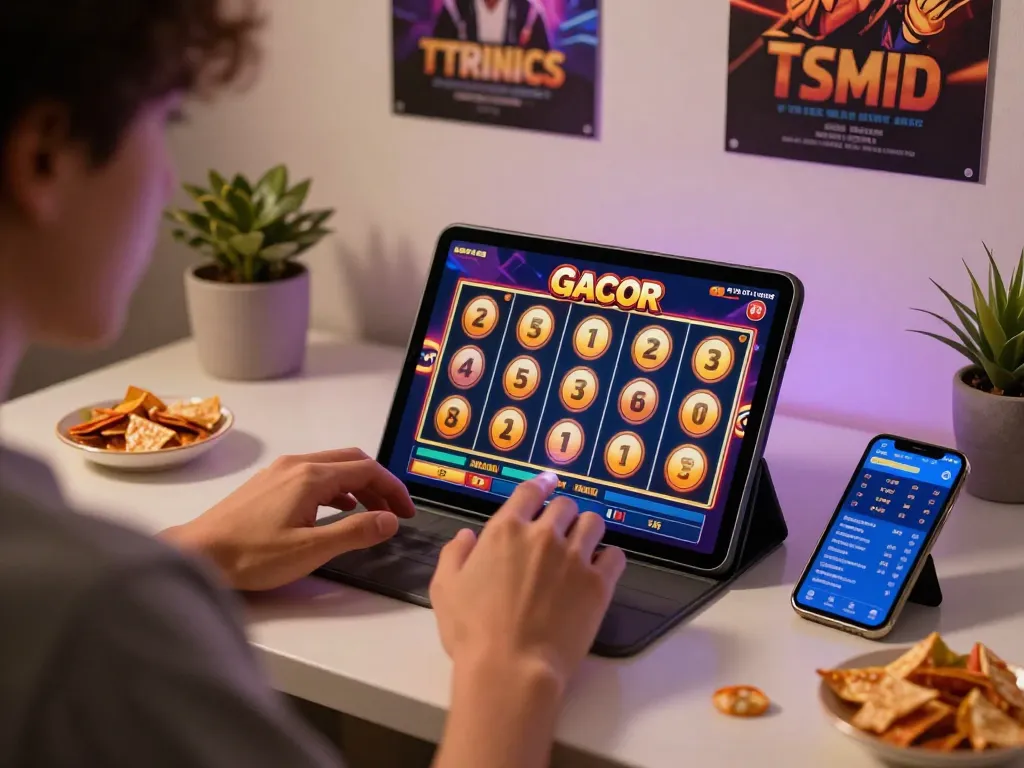 Engaging player enjoying slot gacor on tablet, showcasing a modern gaming setup with bright screen display.