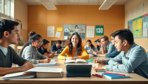 Enhance Education engagement with diverse students actively learning in a bright classroom.