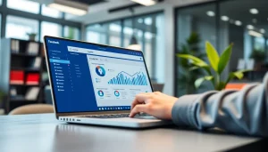 Engaged user analyzing metrics on a facebook smm panel interface in a modern office.