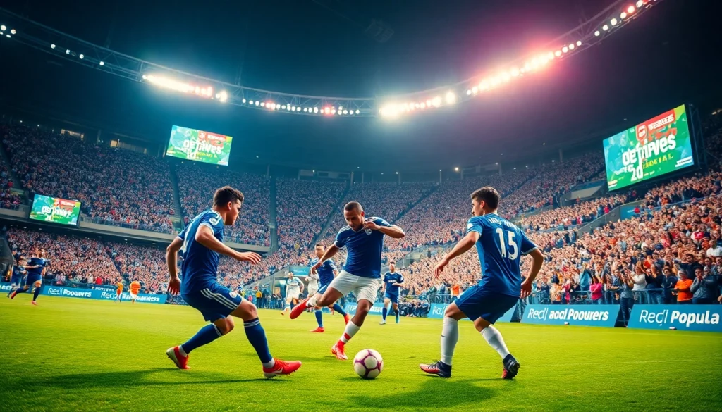 축구중계에서 열띤 경기 중의 선수들과 관중들이 즐기는 모습