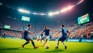 축구중계에서 열띤 경기 중의 선수들과 관중들이 즐기는 모습