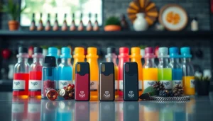 Hqd pods in der Mitte auf einem eleganten Tisch, umgeben von einer Vielzahl bunter Vape-Geschmacksrichtungen.